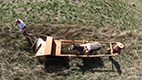 overhead image of a ancient Gallo-roman reaper in a field with two field hands